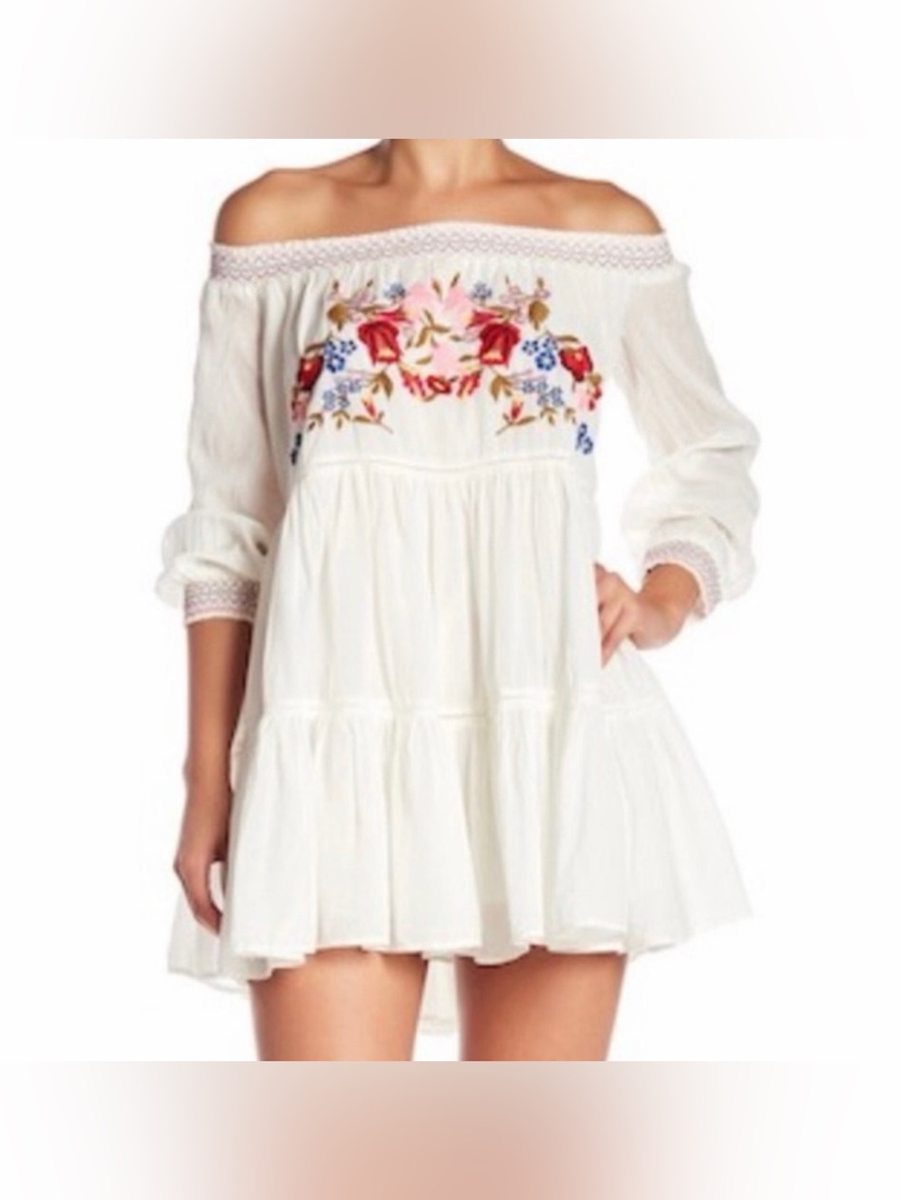 FREE PEOPLE Sunbeams Tiered Off The Shoulder Mini BoHo Flare Embroidery size XS